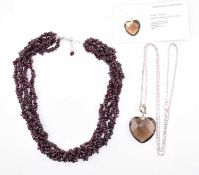 SILVER & SMOKY QUARTZ HEART PENDANT NECKLACE & GARNET MULTI STRAND NECKLACE