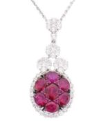 18CT WHITE GOLD RUBY & DIAMOND PENDANT NECKLACE