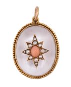 VICTORIAN GOLD ROCK CRYSTAL PEARL & CORAL NECKLACE PENDANT