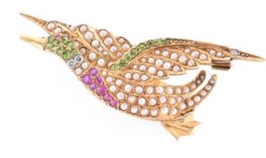 HALLMARKED 15CT GOLD DEMANTOID GARNET & RUBY & DIAMOND & PEARL DUCK BROOCH PIN