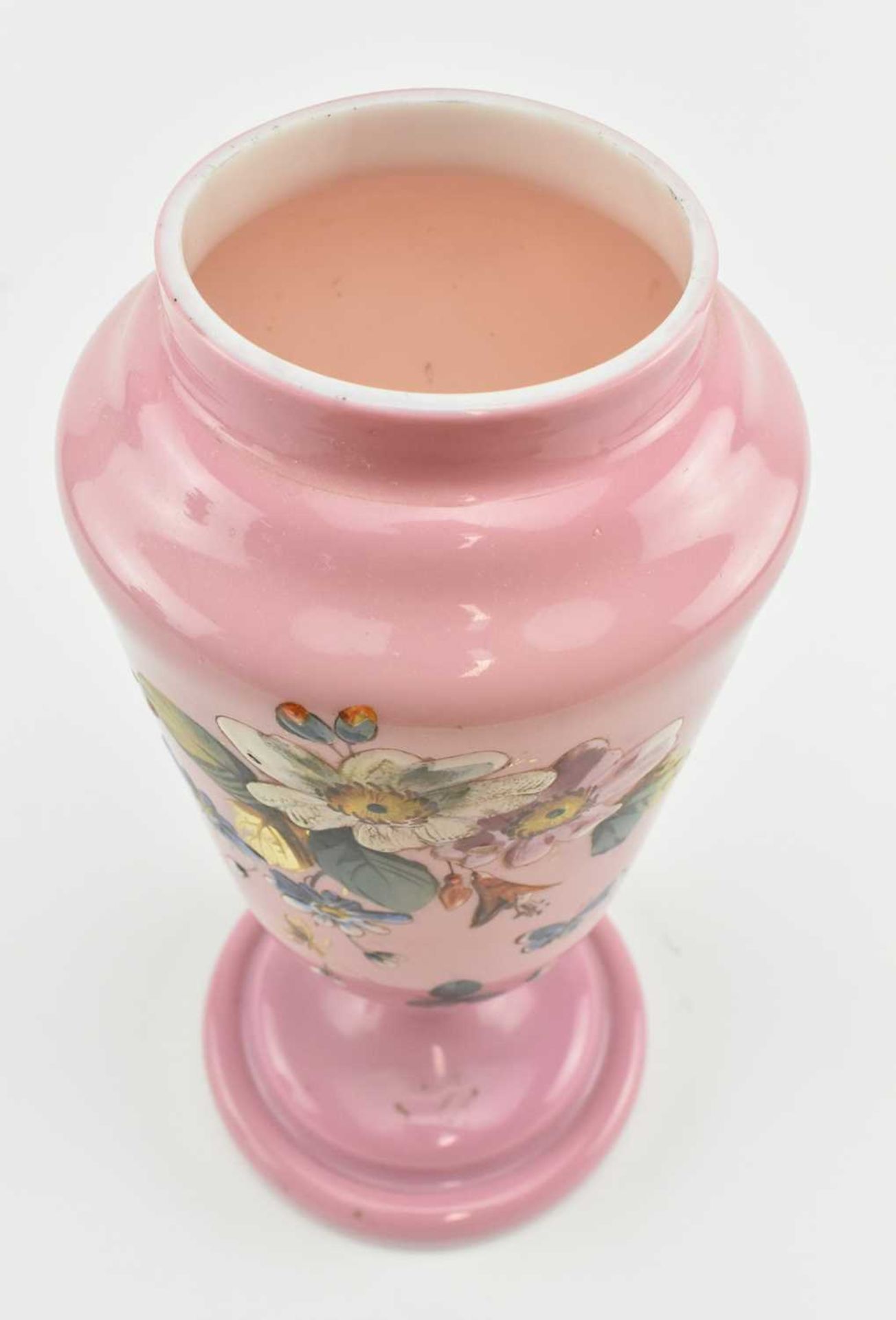 TWO VICTORIAN OPALINE GLASS VASES IN PINK WITH HAND PAINTED FLORAL DESIGN - Image 8 of 9