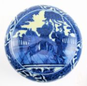 MING WANLI MARKED BLUE AND WHITE SEAL BOX 明 万历青花人物故事印泥盒