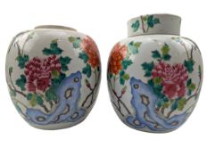 PAIR OF QING DYNASTY FAMILLE ROSE GINGER JARS 清 粉彩花鸟罐一对