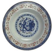 QING BLUE & WHITE IRON RED CHARGER PLATE 清 青花矾红玲珑龙纹盘