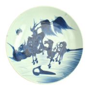 QING QIANLONG BLUE & WHITE 'HORSES' CHARGER PLATE 清 乾隆青花双骏图盘