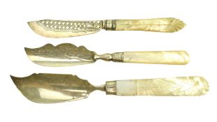 THREE HALLMARKED SILVER WITH MOTHER OF PEARL HANDLED FISH KNIVES