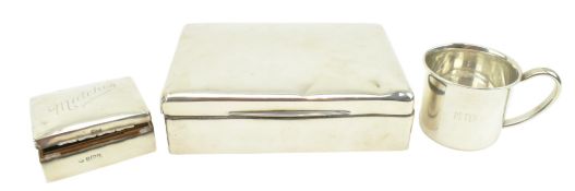 HALLMARKED SILVER CIGARETTE CASE INCLUDING MATCH BOX & MUG