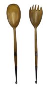 PAIR OF CARVED HORN AND WHITE METAL SALAD SERVERS