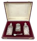 CASED 20TH CENTURY HALLMARKED SILVER & GLASS 3 PIECE CONDIMENT SET
