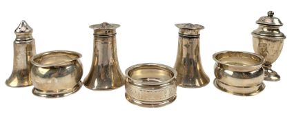 TWO SETS OF HALLMARKED SILVER SALT & PEPPER SHAKERS & NAPKIN RINGS