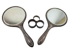 GEORGE V HALLMARKED SILVER DRESSING TABLE MIRRORS & THREE NAPKIN RINGS