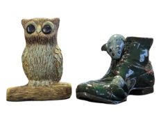 C H BRANNAM, NORTH DEVON - VINAGE 20TH CENTURY CERAMIC SHOE & OWL FIGURES