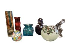 COLLECTION OF LATE 20TH CENTURY STUDIO GLASS VASES, PAPERWEIGHT, SCENT BOTTLE AND FIGURE