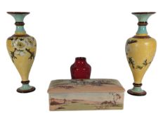 EARLY 20TH CENTURY ROYAL DOULTON FAIENCE TWIN VASES WITH FLAMBE VASE AND MUSIC BOX