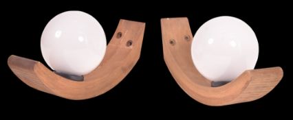 iGUZZINI - PAIR OF VINTAGE OPALINE GLASS & WOOD WALL LIGHTS