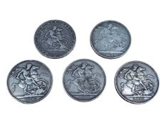 FIVE 19TH CENTURY BRITISH SILVER CROWN COINS