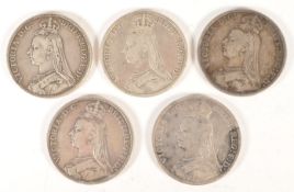 FIVE LATE 19TH CENTURY QUEEN VICTORIA SILVER CROWN COINS