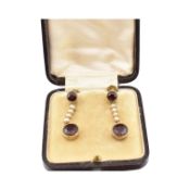 PAIR OF GARNET & PEARL PENDANT EARRINGS