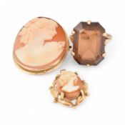 HALLMARKED 9CT CAMEO PENDANT & BROOCH & DRESS RING SMOKY