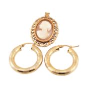 PAIR OF 9CT HOOP EARRINGS & A CAMEO PENDANT