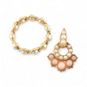 GOLD & PEARL ETERNITY RING & A PEARL & CORAL NECKLACE PENDANT
