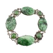 WHITE METAL CARVED JADE PANEL BRACELET