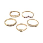 FIVE 9CT GOLD DRESS RINGS