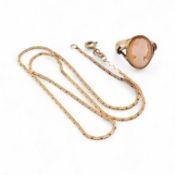 9CT GOLD CAMEO RING & FLAT LINKED 9CT GOLD NECKLACE CHAIN