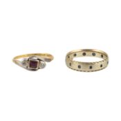 HALLMARKED 14CT GOLD RUBY & DIAMOND THREE STONE RING & 9CT ETERNITY RING