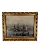 EDWARD ELLIOTT (B.1918) - 20TH CENTURY OIL ON BOARD HARBOURSIDE SCENE