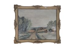 20TH CENTURY RURAL COUNTRYSIDE LANDSCAPE OIL ON CANVAS PAINTING