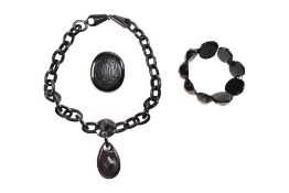 19TH CENTURY VICTORIAN MOURNING NECKLACE , BROOCH LOCKET & BRACELET