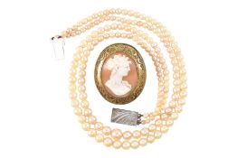 CULTURED PEARL NECKLACE & A CAMEO PIN
