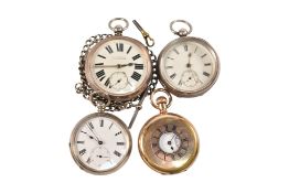 THREE ANTIQUE SILVER POCKET WATCHES & A WALTHAM USA TRAVELLER