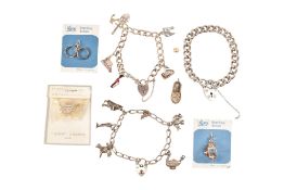 THREE SILVER BRACELETS & LOOSE CHARMS