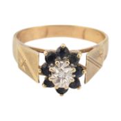 1980S HALLMARKED 9CT GOLD SAPPHIRE & DIAMOND RING