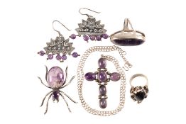 COLLECTION OF SILVER & WHIT EMETAL AMETHYST JEWELLERY