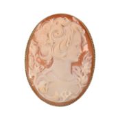 HALLMARKED 9CT GOLD MOUNTED CARVED SHELL CAMEO BROOCH PIN