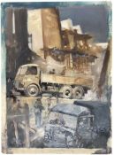 LESLIE CARR (1891-1969) - TRUCKS UNLOADING - 20TH CENTURY OIL ON BOARD