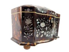 EARLY 19TH CENTURY REGENCY TORTOISESHELL & IVORY INLAID TEA CADDY