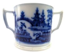 LARGE VICTORIAN FLOW BLUE TRANSFER PRINTED CERAMIC LOVING CUP/CIDER MUG