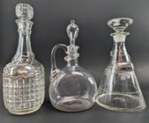 THREE VICTORIAN 19TH CENTURY & LATER GLASS DECANTERS BOTTLES WITH SILVER LABELS