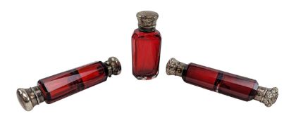 THREE VICTORIAN 19TH CENTURY SILVER & RUBY RED GLASS DUAL SCENT BOTTLES