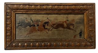 19TH CENTURY NEEDLEPOINT EMBROIDERY MINIATURE PANEL SAMPLER OF HORSE RACING