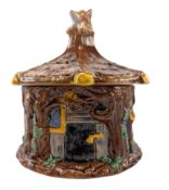 T. C. BROWN WESTHEAD MOOR - WOLF & COTTAGE - 19TH CENTURY ENGLISH MAJOLICA LIDDED JAR