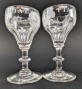 PAIR OF GEORGE II 18TH CENTURY HAND BLOW & ENGRAVED JACOBITE CORDIAL GLASSES