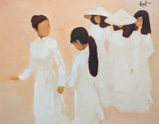 NGUYEN THANH BINH (B. 1954) - SCHOOLGIRLS - 2001 OIL ON CANVAS PAINTING