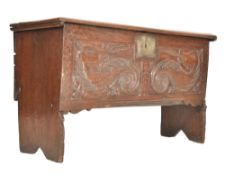 SMALL 17TH CENTURY CARVED OAK PLANK COFFER
