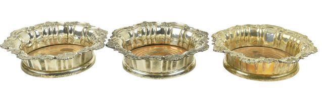 THREE WILLIAM IV HALLMARKED SILVER & HARDWOOD BASED BOTTLE COASTERS