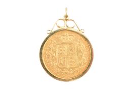 9CT GOLD MOUNTED VICTORIA 1869 SHEILD BACK SOVEREIGN